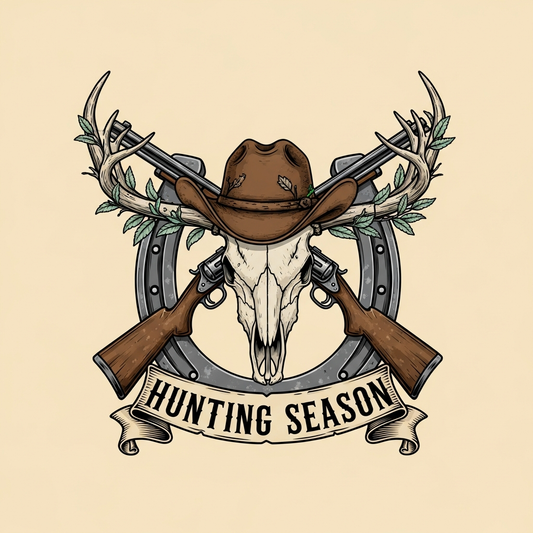 Hunting Season western cowboy vintage ready-to-press DTF heat transfer graphic with high contrast vector illustration design suitable for t-shirts hoodies and apparel