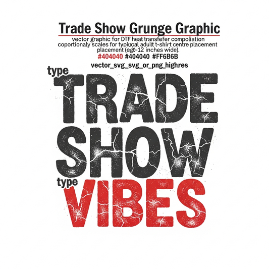 Ready to press DTF heat transfer featuring grunge distressed lettering in a bold centered composition with high contrast colors, designed for trade show apparel and t-shirts