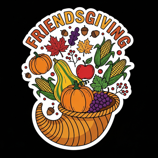 Friendsgiving sticker style ready to press DTF heat transfer graphic with high contrast colors and clean vector outlines on transparent background