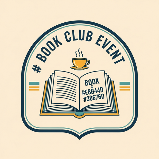 Retro badge logo Book Club Event ready to press DTF heat transfer graphic with high contrast colors and vector style design, suitable for t-shirts, hoodies, and tote bags