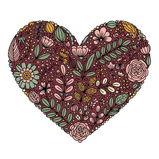 Valentine's Day boho floral DTF heat transfer graphic with high-contrast vector illustration, ready to press on t-shirts hoodies and tote bags