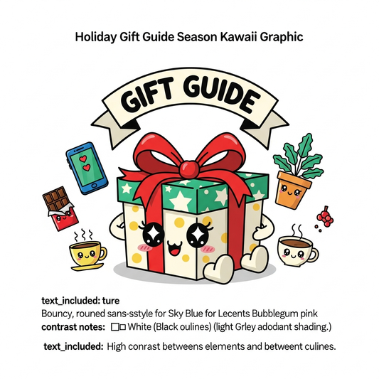 Playful kawaii holiday gift guide DTF heat transfer graphic with cute vector-style illustration in high-contrast colors, ready to press on t-shirts and hoodies