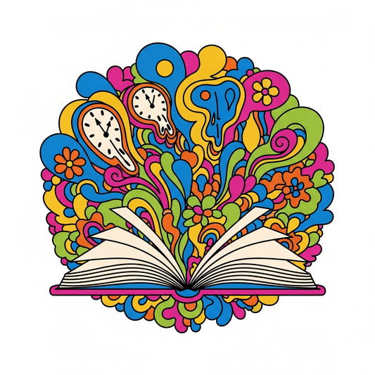 Psychedelic 60s style book club event DTF heat transfer graphic with bold swirling patterns and high contrast colors, ready to press on t-shirts and apparel
