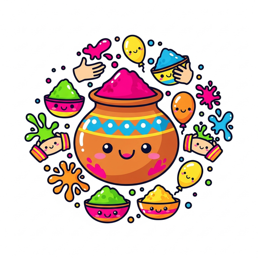Playful kawaii-style Holi festival DTF heat transfer graphic featuring vibrant high-contrast colors and cute vector illustration, ready to press on t-shirts and apparel