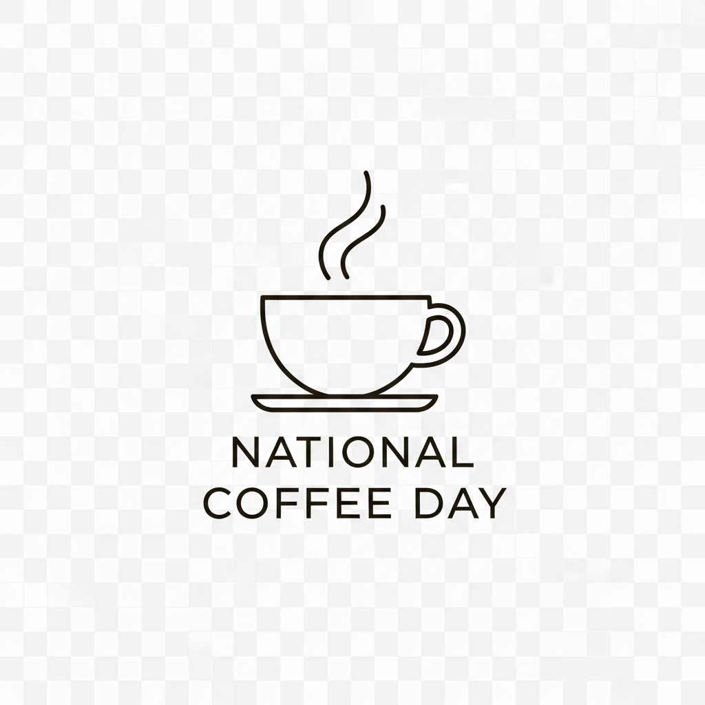 National Coffee Day minimalist line art DTF heat transfer design, ready to press, featuring clean vector style coffee illustration with high contrast outlines, suitable for t-shirts, hoodies, and tote bags