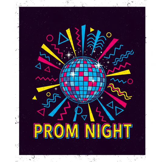 Vintage retro distressed prom DTF heat transfer graphic, ready to press, vector style illustration with high contrast colors, suitable for t-shirts hoodies and tote bags