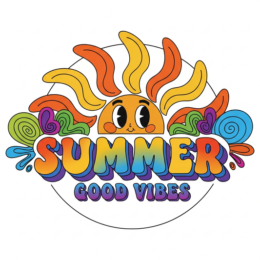 Groovy 70s retro summer DTF heat transfer graphic with bold high-contrast colors and vector-style illustration, ready to press onto t-shirts and apparel