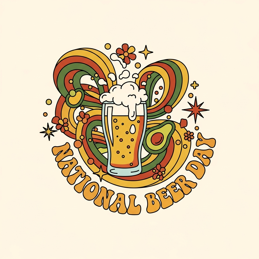 National Beer Day groovy 70s retro style ready to press DTF heat transfer graphic featuring bold vector illustration with high contrast colors, suitable for t-shirts and hoodies