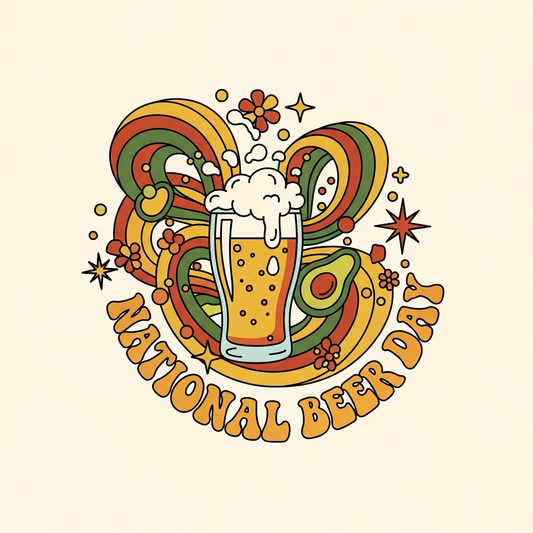 National Beer Day groovy 70s retro style ready to press DTF heat transfer graphic featuring bold vector illustration with high contrast colors, suitable for t-shirts and hoodies