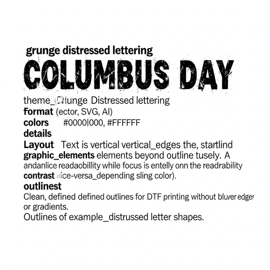 Columbus Day ready to press DTF transfer featuring grunge distressed lettering in high contrast colors, vector style graphic suitable for t-shirts hoodies and tote bags