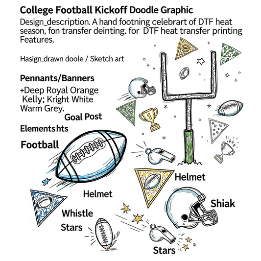 Hand drawn doodle style college football kickoff DTF heat transfer graphic, ready to press, centered composition with high contrast colors and clean outlines, suitable for t-shirts hoodies and apparel printing