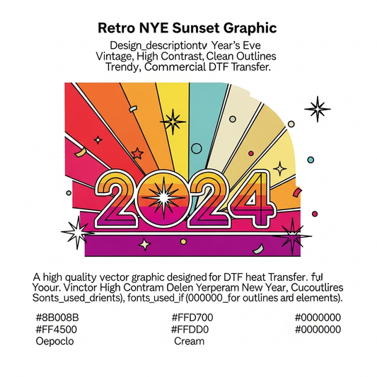 Retro sunset stripe New Year's Eve DTF heat transfer graphic with bold high-contrast colors and vector-style illustration, ready to press on t-shirts and apparel