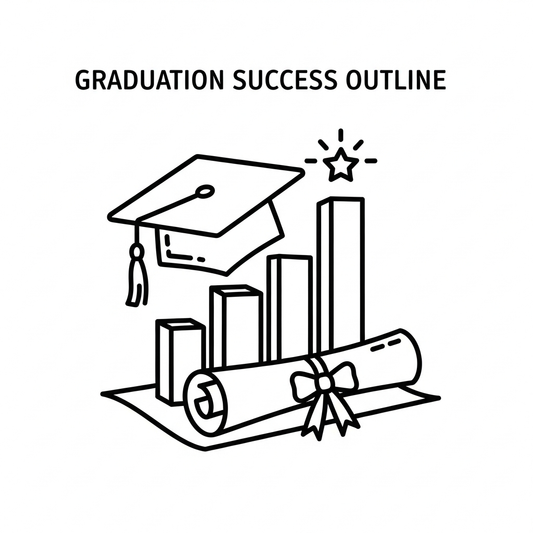 Ready to press graduation DTF heat transfer featuring a bold outline illustration style design with high contrast colors, suitable for t-shirts, hoodies, and tote bags