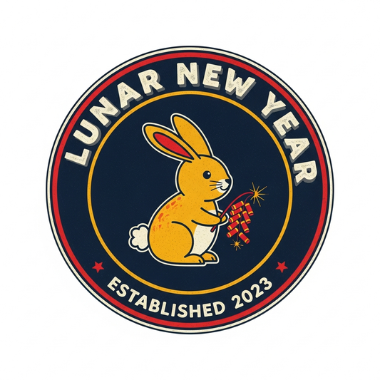 Lunar New Year retro badge logo DTF heat transfer design, ready to press, featuring high contrast vector style illustration with vintage badge aesthetic, suitable for t-shirts hoodies and tote bags