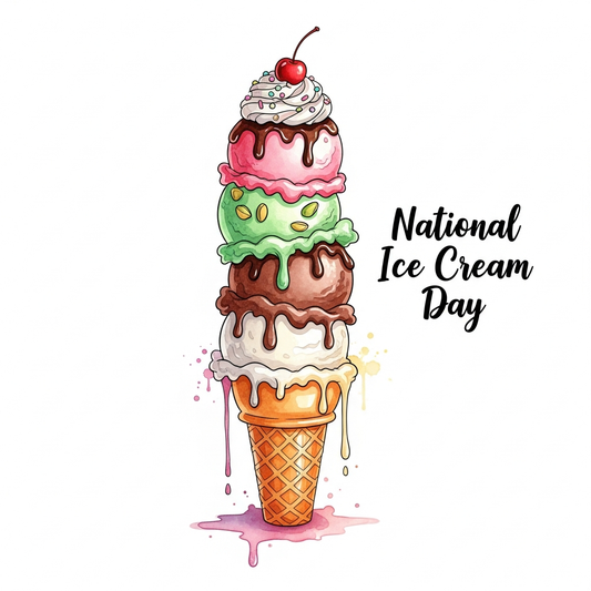 National Ice Cream Day watercolor illustration DTF heat transfer ready to press graphic featuring vibrant ice cream design with clean outlines and high contrast colors suitable for t-shirts hoodies and tote bags