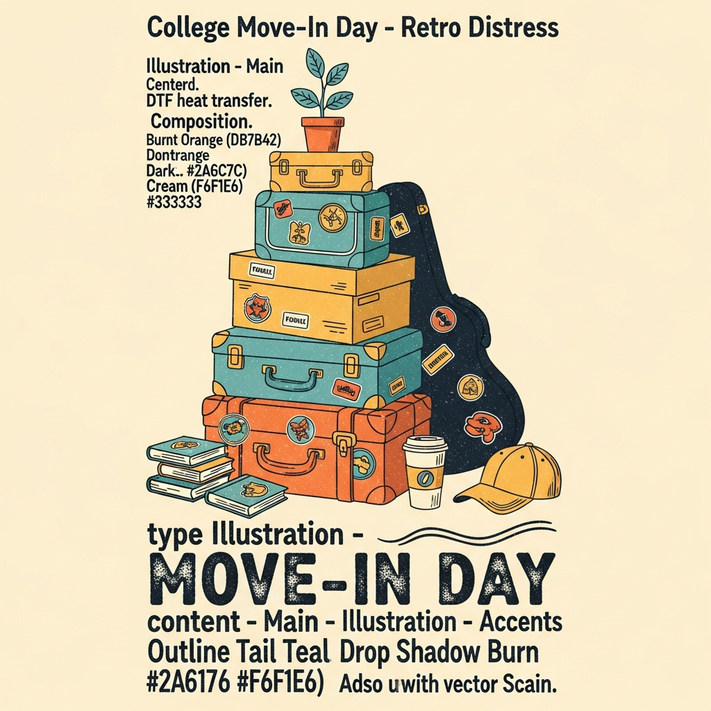 Vintage retro distressed College Move-In Day ready-to-press DTF heat transfer graphic with high-contrast vector illustration, designed for t-shirts, hoodies, and apparel printing