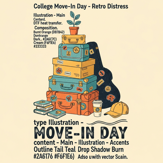 Vintage retro distressed College Move-In Day ready-to-press DTF heat transfer graphic with high-contrast vector illustration, designed for t-shirts, hoodies, and apparel printing