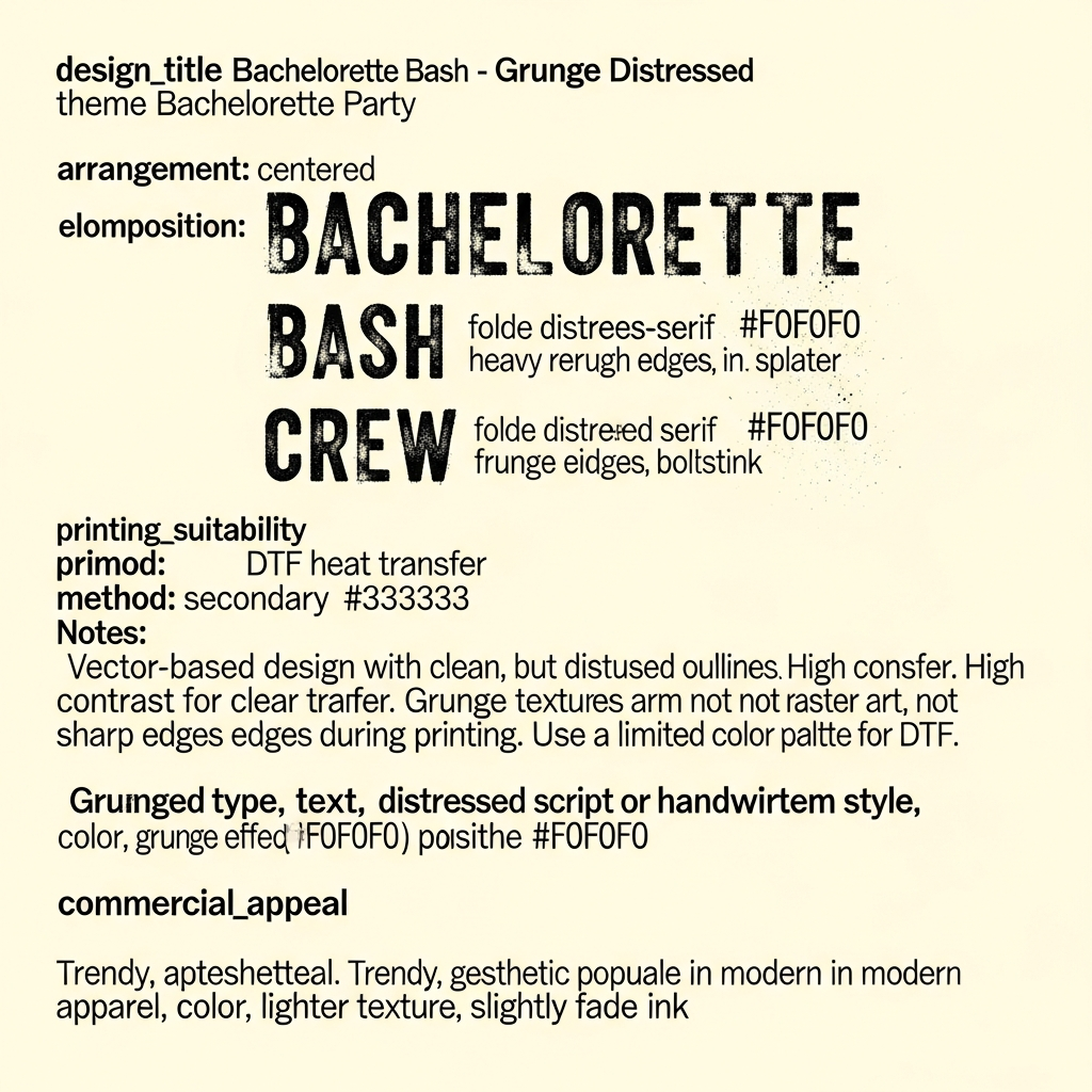 Bachelorette party ready to press DTF heat transfer with grunge distressed lettering in high contrast colors, centered vector-style graphic design suitable for t-shirts and hoodies