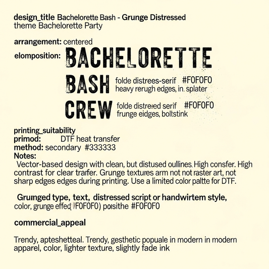 Bachelorette party ready to press DTF heat transfer with grunge distressed lettering in high contrast colors, centered vector-style graphic design suitable for t-shirts and hoodies