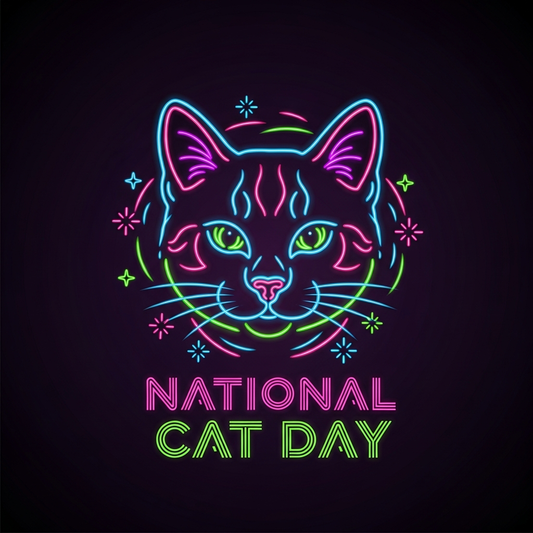 National Cat Day neon glow style DTF heat transfer graphic featuring a vibrant glowing cat illustration with high contrast neon colors, vector style clean outlines, ready to press on t-shirts and hoodies