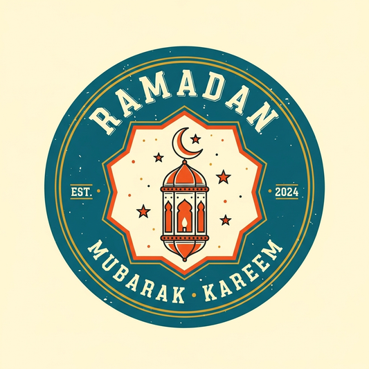Ramadan retro badge logo ready to press DTF heat transfer graphic featuring high contrast vintage design with clean vector outlines, suitable for t-shirts, hoodies, and tote bags