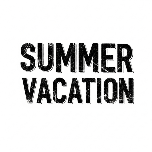 Summer Vacation grunge distressed lettering DTF heat transfer graphic, ready to press, high contrast vector style design suitable for t-shirts, hoodies, and tote bags