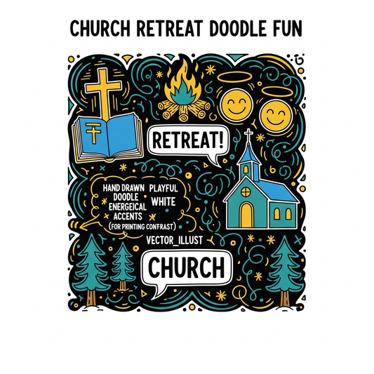 Hand drawn doodle style church retreat DTF heat transfer graphic, centered high contrast illustration ready to press onto t-shirts and hoodies
