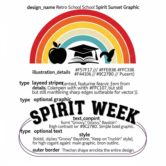 School Spirit Week retro sunset stripes ready to press DTF heat transfer graphic with vibrant high-contrast colors and centered vector-style illustration, suitable for t-shirts hoodies and tote bags