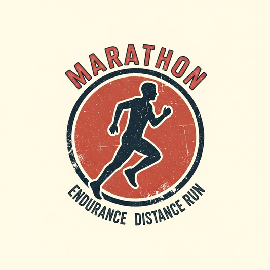 Marathon vintage retro distressed DTF heat transfer graphic, ready to press, featuring high contrast vector-style illustration with worn distressed detailing, suitable for t-shirts hoodies and apparel