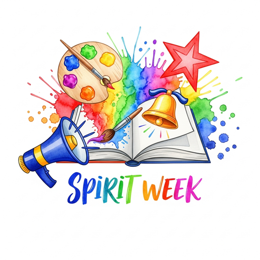 School Spirit Week watercolor illustration DTF heat transfer graphic, ready to press design for t-shirts hoodies and tote bags, vibrant colors with clean outlines, suitable for small business apparel printing in Los Angeles Orange County and San Diego
