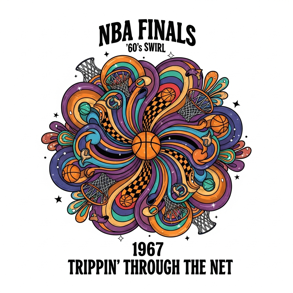 NBA Finals psychedelic 60s style ready to press DTF heat transfer graphic featuring vibrant retro swirl design with high contrast colors and vector illustration style, suitable for t-shirts hoodies and custom apparel