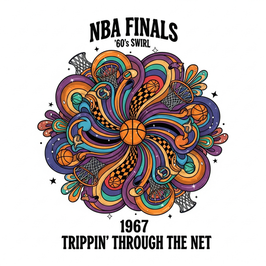 NBA Finals psychedelic 60s style ready to press DTF heat transfer graphic featuring vibrant retro swirl design with high contrast colors and vector illustration style, suitable for t-shirts hoodies and custom apparel