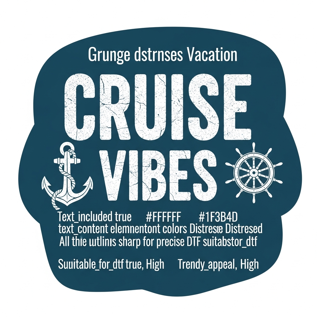 Grunge distressed cruise vacation DTF heat transfer graphic with bold vintage lettering, ready to press on t-shirts hoodies and apparel