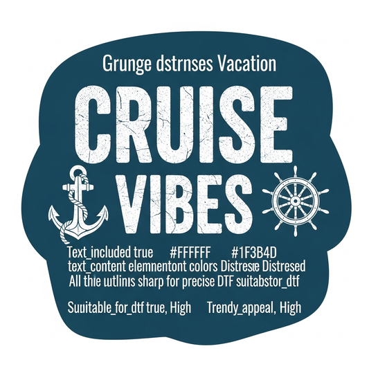 Grunge distressed cruise vacation DTF heat transfer graphic with bold vintage lettering, ready to press on t-shirts hoodies and apparel