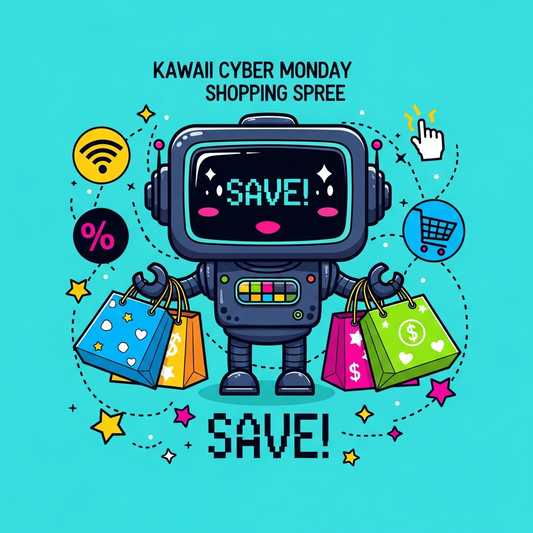 Playful kawaii-style Cyber Monday ready-to-press DTF heat transfer graphic with cute characters, high contrast colors, and clean vector illustration suitable for t-shirts, hoodies, and tote bags