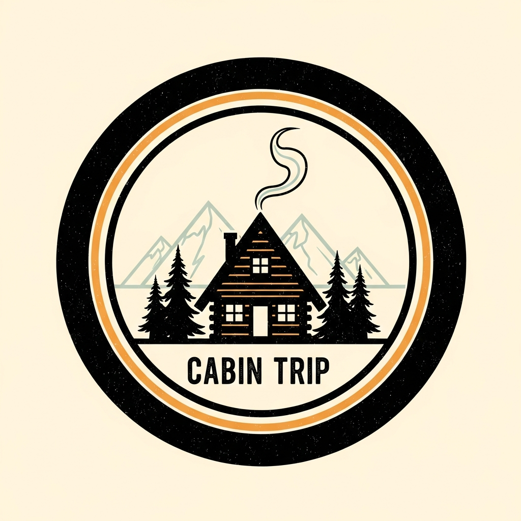 Cabin trip badge emblem ready to press DTF heat transfer graphic with high contrast vector illustration in centered badge style, suitable for t-shirts hoodies and apparel