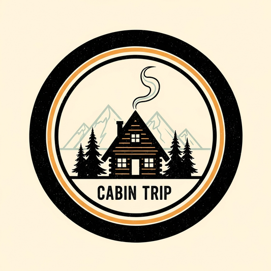 Cabin trip badge emblem ready to press DTF heat transfer graphic with high contrast vector illustration in centered badge style, suitable for t-shirts hoodies and apparel
