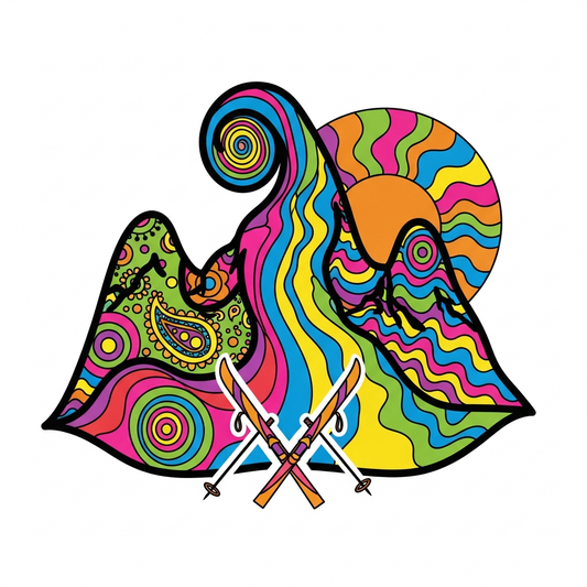 Psychedelic 60s style ski trip DTF heat transfer graphic with bold retro colors and vector illustration, ready to press on t-shirts and hoodies