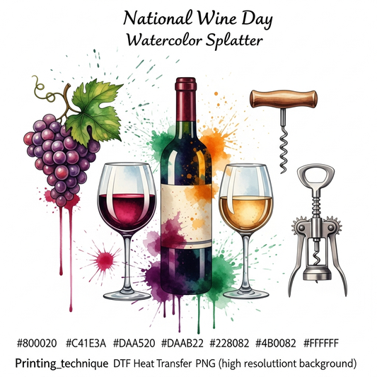 Watercolor illustration DTF heat transfer design for National Wine Day featuring a vibrant wine graphic with clean outlines and high contrast colors, ready to press on t-shirts and hoodies