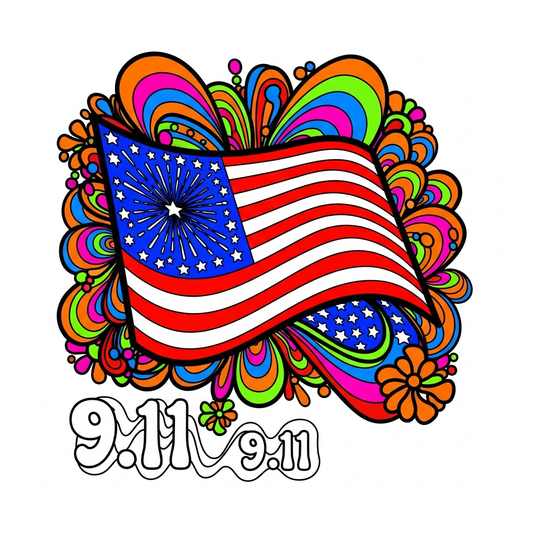 Patriot Day psychedelic 60s style ready to press DTF heat transfer graphic with high contrast colors and vector illustration design for t-shirts and hoodies