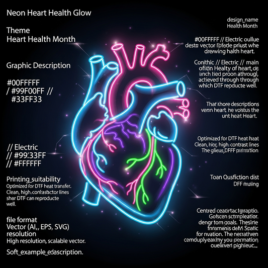 Heart Health Month neon glow ready to press DTF heat transfer graphic with vibrant high contrast neon style centered composition suitable for t-shirts hoodies and tote bags