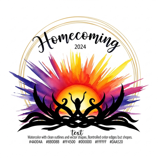 Homecoming watercolor illustration DTF heat transfer design, centered composition with vibrant high-contrast colors and clean outlines, ready to press on t-shirts hoodies and tote bags