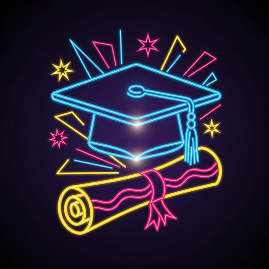 College graduation neon glow ready to press DTF heat transfer graphic with vibrant glowing colors and clean vector design, suitable for t-shirts hoodies and custom apparel