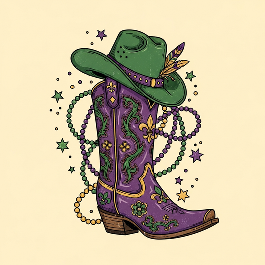 Mardi Gras western cowboy vintage style ready to press DTF heat transfer graphic with bold colors and clean vector illustration for t-shirts and apparel