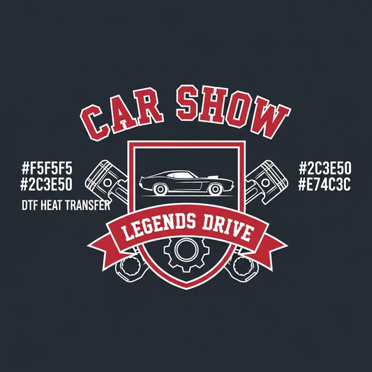 Retro varsity style car show DTF heat transfer graphic with bold high contrast colors and clean vector illustration, ready to press on t-shirts and hoodies