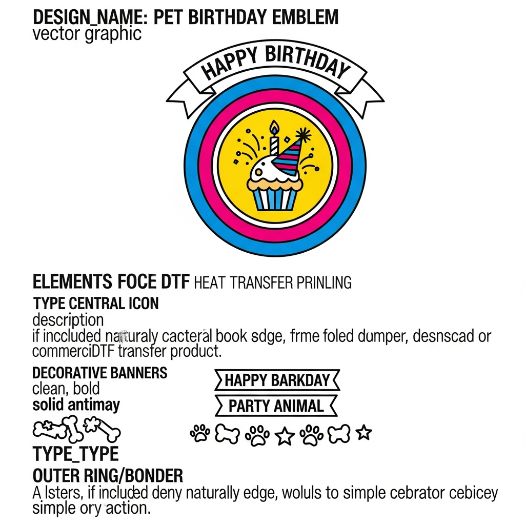 Pet Birthday badge emblem style ready to press DTF heat transfer graphic with bold vector illustration and high contrast colors, suitable for t-shirts hoodies and tote bags
