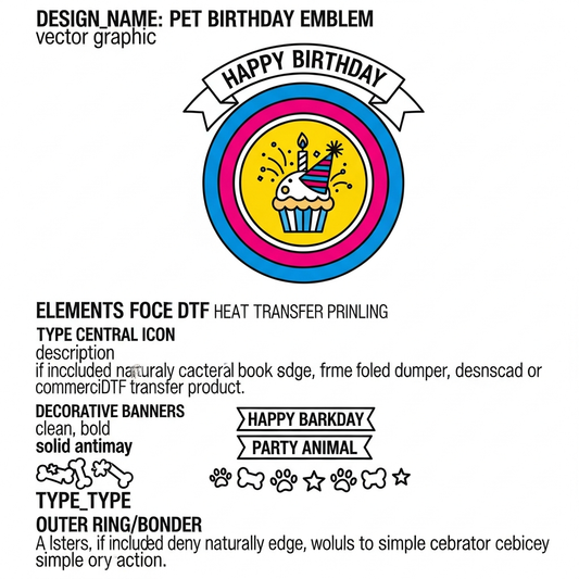 Pet Birthday badge emblem style ready to press DTF heat transfer graphic with bold vector illustration and high contrast colors, suitable for t-shirts hoodies and tote bags