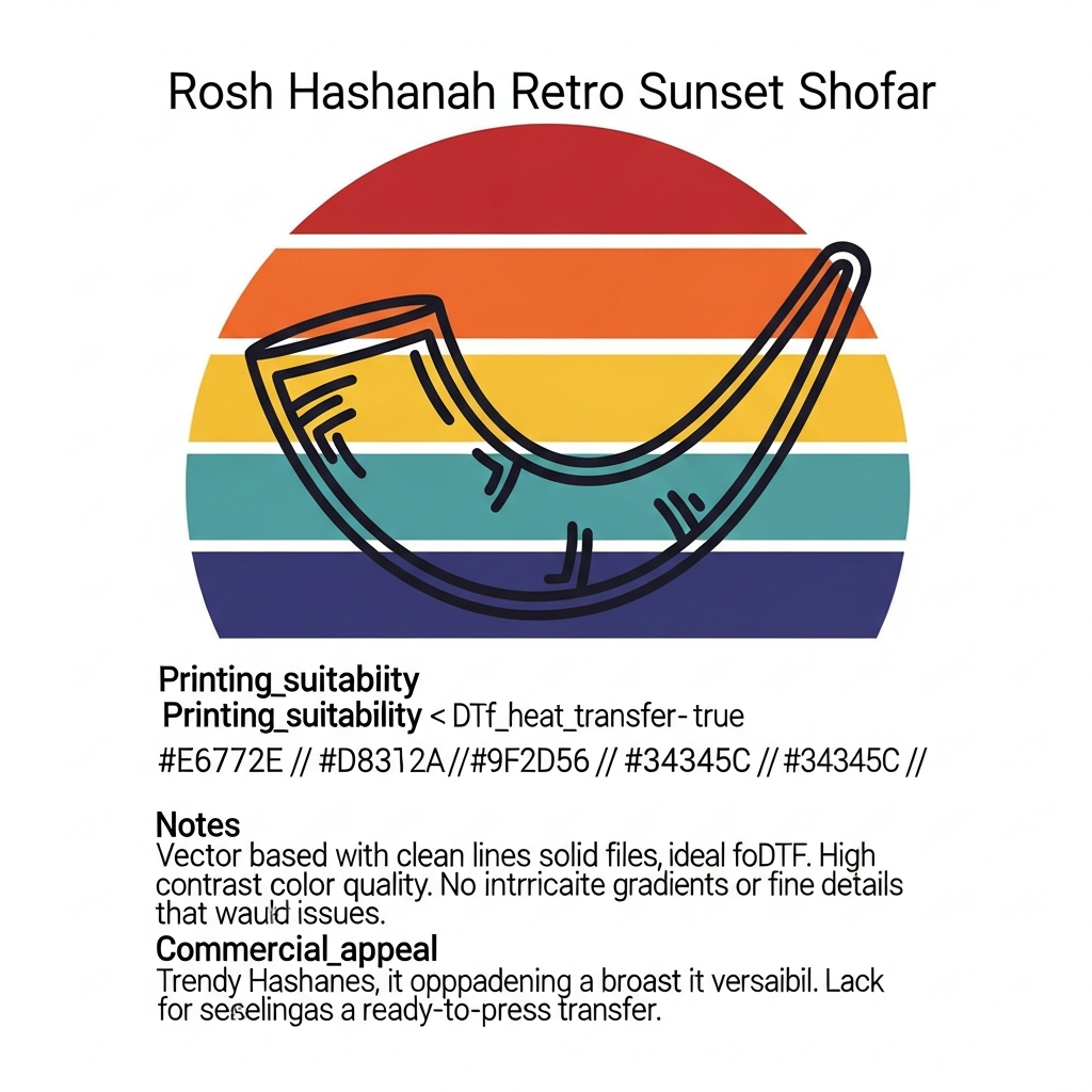 Rosh Hashanah retro sunset stripes ready to press DTF heat transfer graphic with bold vintage-style colors and centered vector illustration, suitable for t-shirts and hoodies