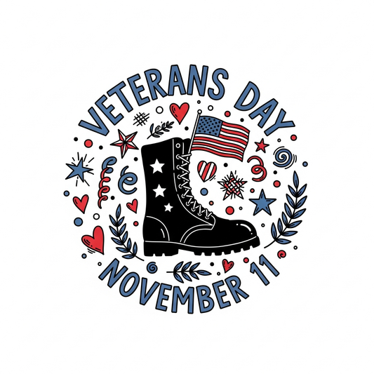Veterans Day hand drawn doodle style DTF heat transfer graphic, ready to press, centered high contrast design with clean outlines, suitable for t-shirts hoodies and apparel