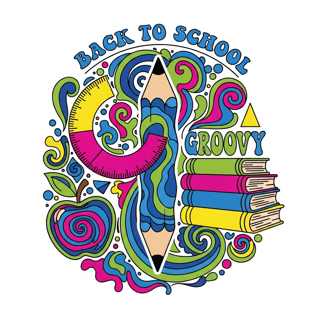 Back to school psychedelic 60s style ready to press DTF heat transfer graphic with bold swirling retro design and high contrast colors for t-shirts and hoodies